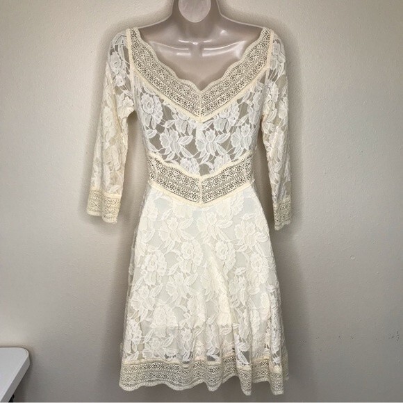 Free People Lacey Affair in Tea Dress Women Size Small Crochet Boho Mini Cream - Picture 7 of 16